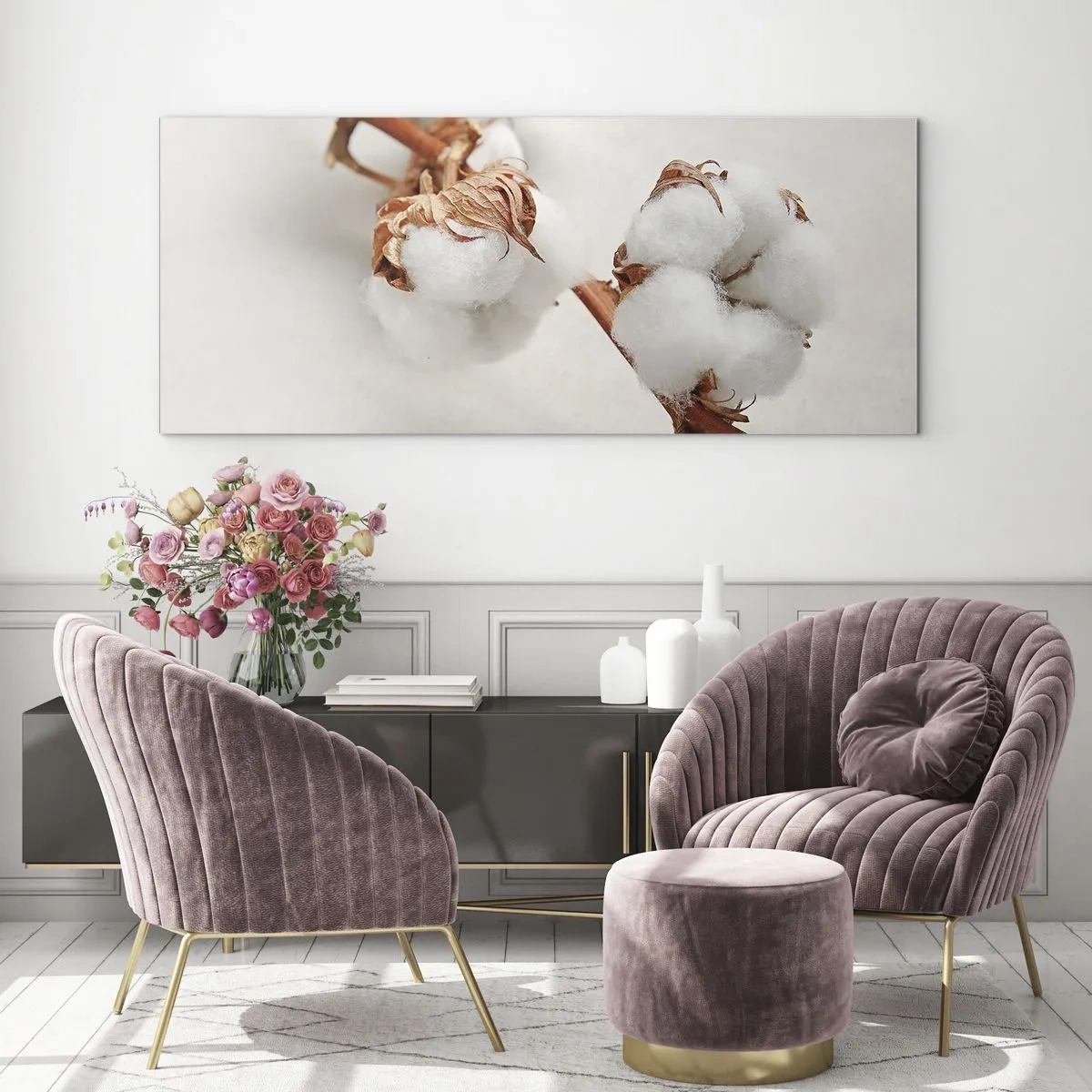 Obraz na szkle - Gałązka bawełny na subtelnym tle - 120x50cm - Tylko tulić - Nowoczesna dekoracja ścienna do salonu i sypialni ARTTOR