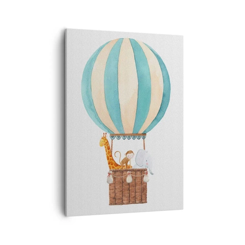 Obraz na płótnie - Ilustracja balonu na gorące powietrze z uroczymi zwierzętami - 50x70cm - Fantastyczna wycieczka - Nowoczesna dekoracja ścienna do salonu, kuchni i sypialni ARTTOR