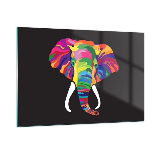 Obraz na szkle - Kolorowy słonik na czarnym tle w artystycznym stylu - 120x80cm - Słoń, który kochał kąpać się w tęczy - Nowoczesna dekoracja ścienna do salonu, kuchni i sypialni ARTTOR