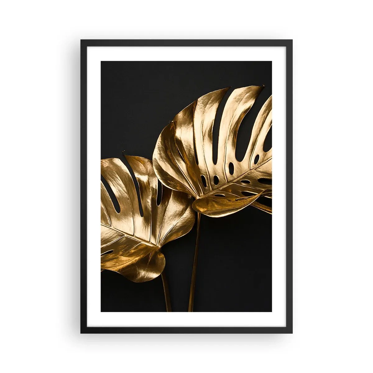 Plakat w czarnej ramie - Złote liście monstery na czarnym tle, elegancki kontrast kolorów - 50x70cm - Skarby natury - Nowoczesna dekoracja ścienna do salonu i sypialni ARTTOR
