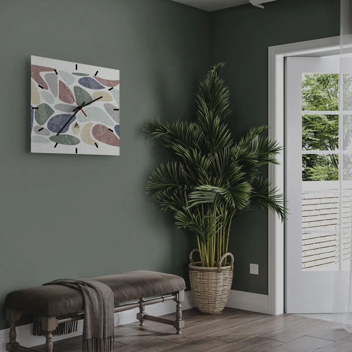 Zegar ścienny - Kolorowe organiczne kształty na białym tle - 30x30cm - Mozaika pudrowanych barw - Nowoczesna dekoracja ścienna do salonu i sypialni ARTTOR
