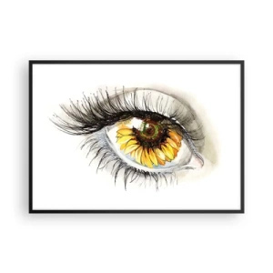 Plakat w czarnej ramie - Artystyczne oko z tęczówką w kształcie słonecznika - 100x70cm - Spojrzenie gorące jak lato - Nowoczesna dekoracja ścienna do salonu i sypialni ARTTOR