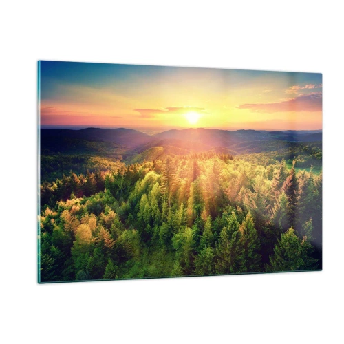 Obraz na szkle - Zachód słońca nad górskim lasem z widokiem na doliny - 120x80cm - Wierzchołki i szczyty - Nowoczesna dekoracja ścienna do salonu, kuchni i sypialni ARTTOR