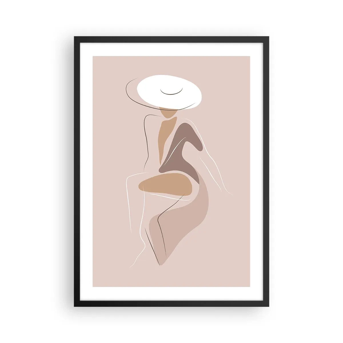 Plakat w czarnej ramie - Minimalistyczny wizerunek kobiety w kapeluszu na beżowym tle - 50x70cm - Damą być - Nowoczesna dekoracja ścienna do salonu i sypialni ARTTOR