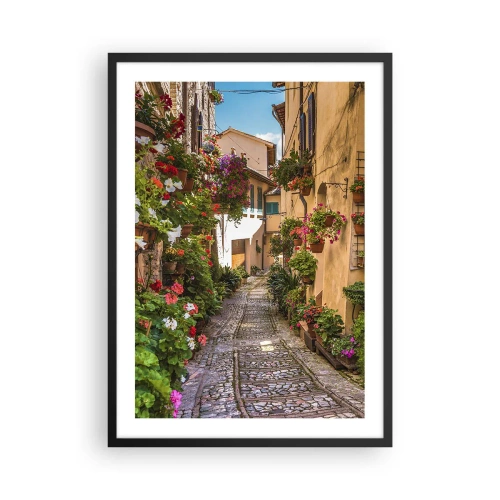 Plakat w czarnej ramie - Urocza uliczka z kwiatami i brukowaną ścieżką w słoneczny dzień - 50x70cm - Włoski zaułek - Nowoczesna dekoracja ścienna do salonu i sypialni ARTTOR