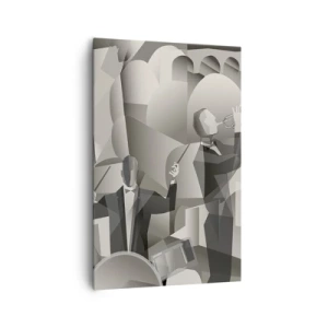 Obraz na płótnie - Abstrakcyjna scena z muzykami jazzowymi w szarościach - 80x120cm - W przestrzeni dźwięków - Nowoczesna dekoracja ścienna do salonu i sypialni ARTTOR