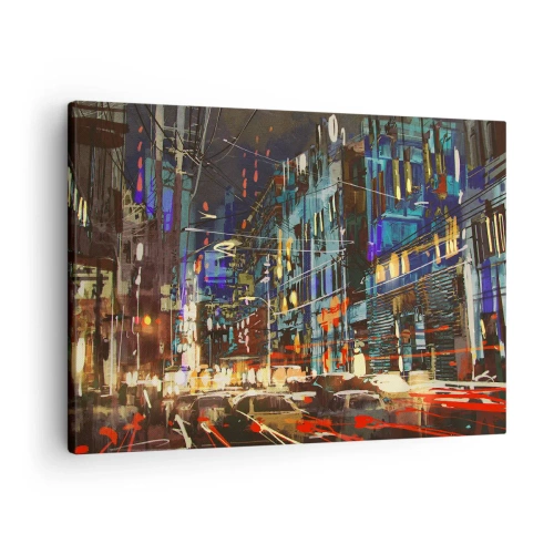 Obraz na płótnie - Miejska nocna scena z neonami - 70x50cm - Wieczorny gwar ulicy - Nowoczesna dekoracja ścienna do salonu i sypialni ARTTOR