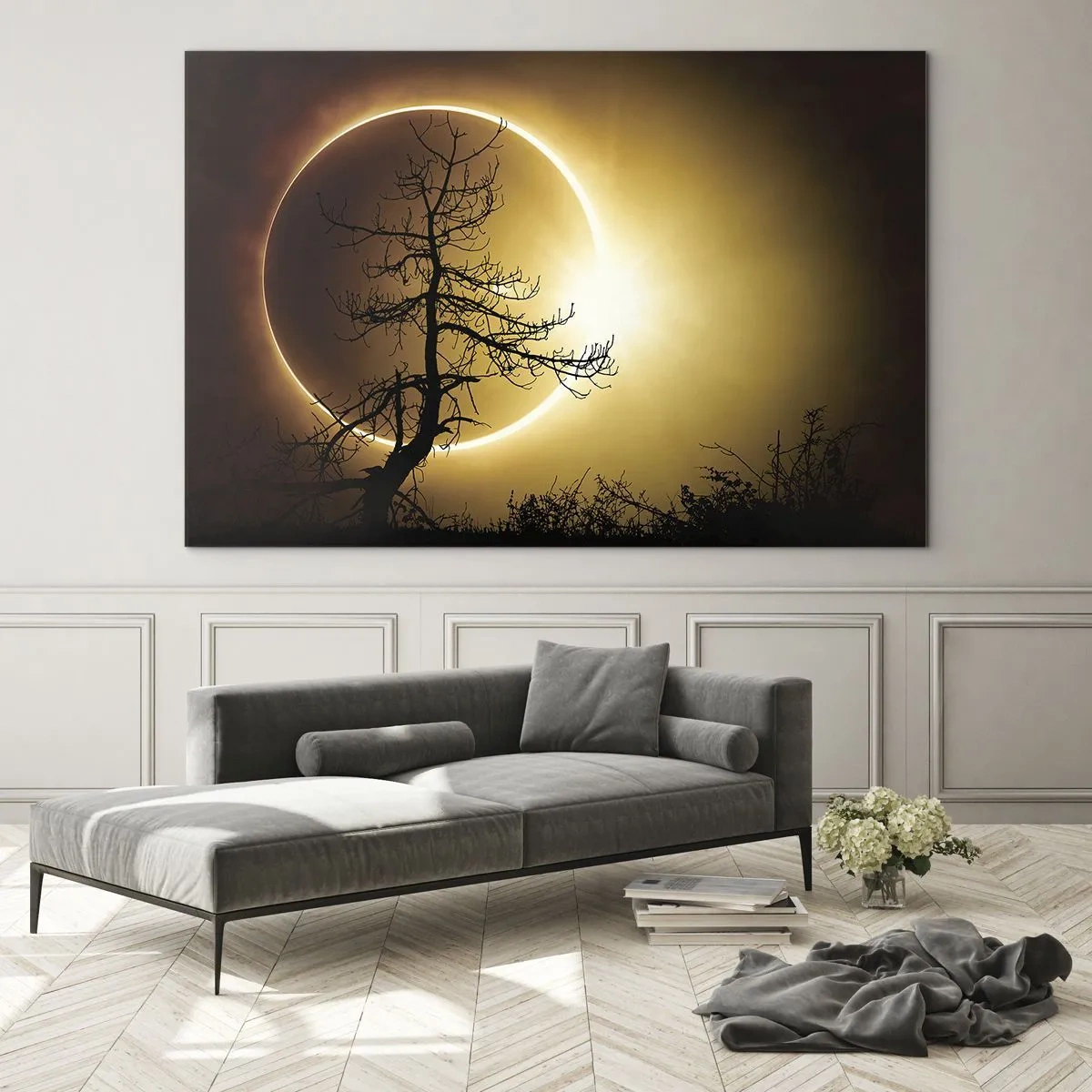 Obraz na szkle - Zaćmienie słońca za drzewem - 70x50cm - Całkowite zaćmienie - Nowoczesna dekoracja ścienna do salonu i sypialni ARTTOR