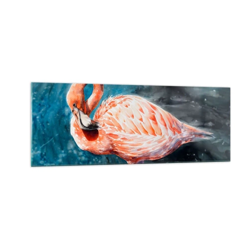 Obraz na szkle - Różowy flaming na tle akwarelowego błękitu - 140x50cm - Dekoracyjny z natury - Nowoczesna dekoracja ścienna do salonu i sypialni ARTTOR