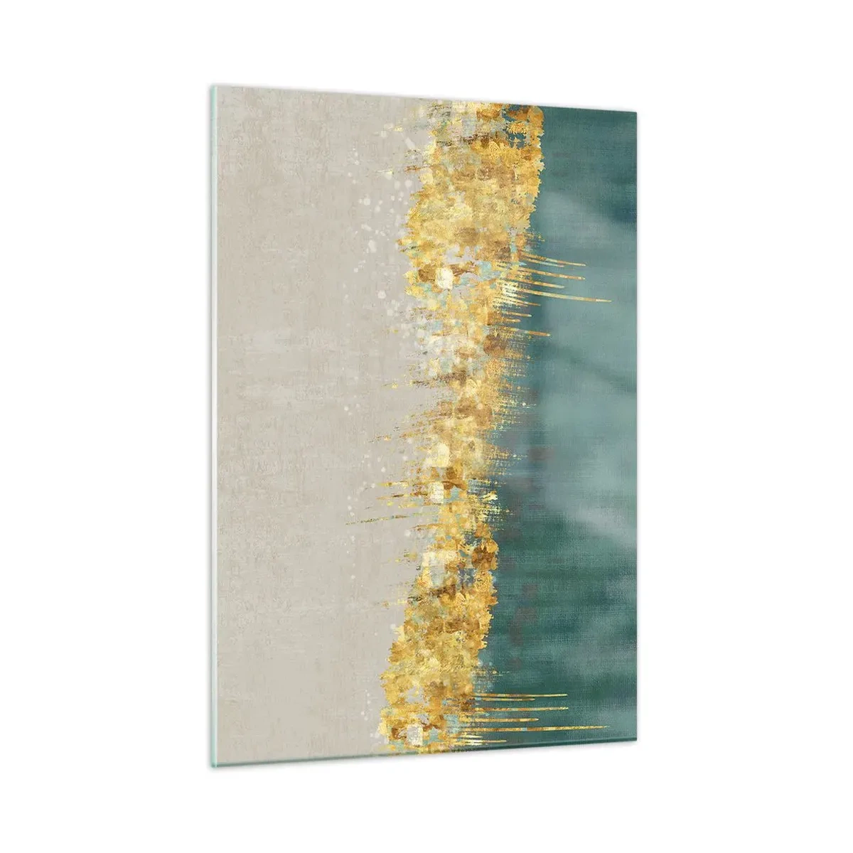 Obraz na szkle - Złote akcenty tworzące granicę między beżem a butelkową zielenią - 50x70cm - Złota granica - Nowoczesna dekoracja ścienna do salonu, kuchni i sypialni ARTTOR