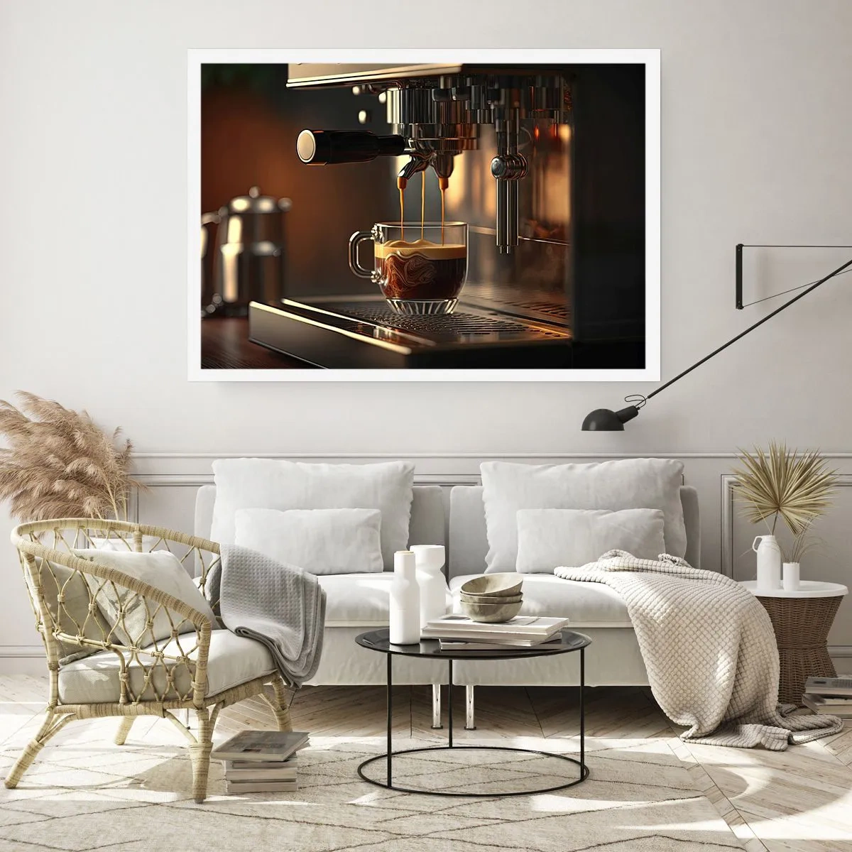 Plakat - Ekspres do kawy z filiżanką aromatycznego espresso - 100x70cm - Zmysłowa mikstura - Nowoczesna dekoracja ścienna do salonu i sypialni ARTTOR