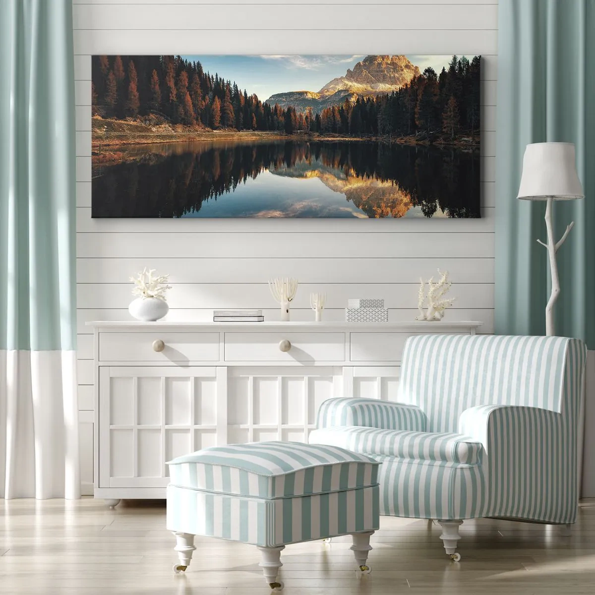 Obraz na płótnie - Górski krajobraz z jeziorem i lasem - 160x50cm - Pejzaż podwójny - Nowoczesna dekoracja ścienna do salonu i sypialni ARTTOR