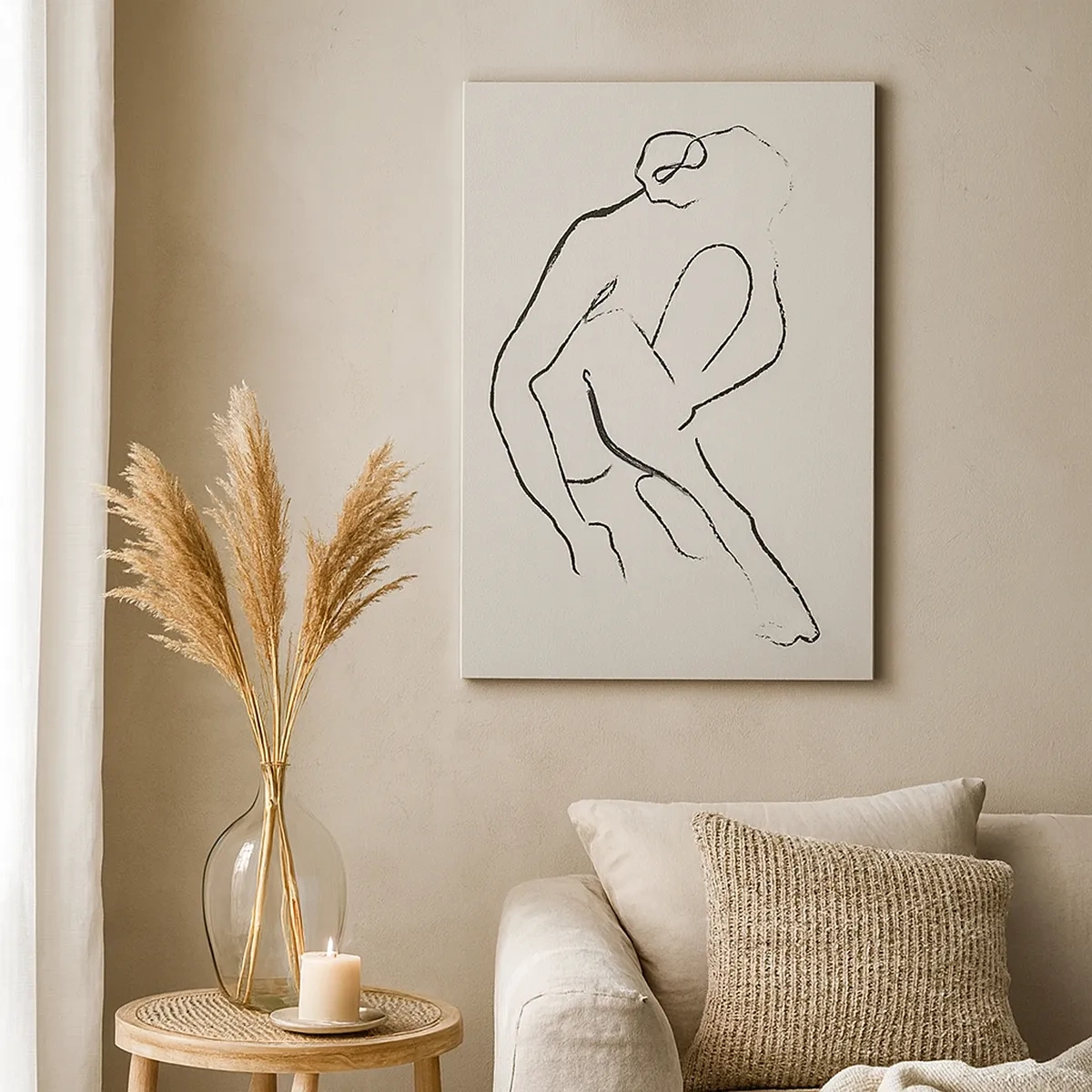 Obraz na płótnie - Minimalistyczny rysunek konturowy przedstawiający sylwetkę siedzącej postaci - 50x70cm - Szkic intymny - Nowoczesna dekoracja ścienna do salonu, kuchni i sypialni ARTTOR