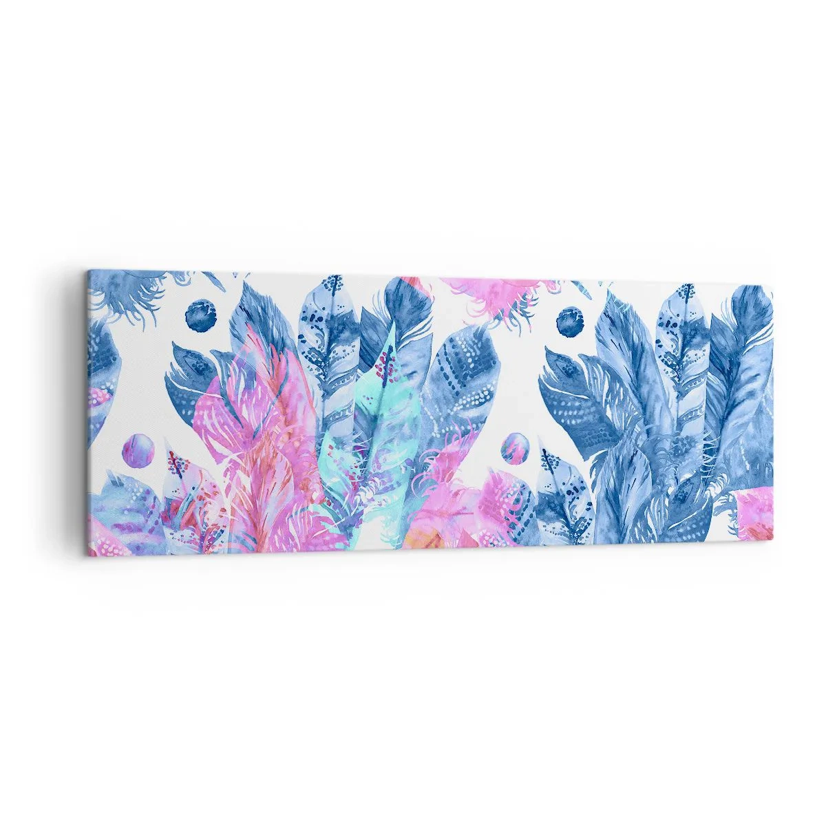 Obraz na płótnie - Abstrakcyjny wzór z kolorowymi piórami w pastelowych odcieniach - 140x50cm - Pióropusze w różu i błękicie - Nowoczesna dekoracja ścienna do salonu i sypialni ARTTOR