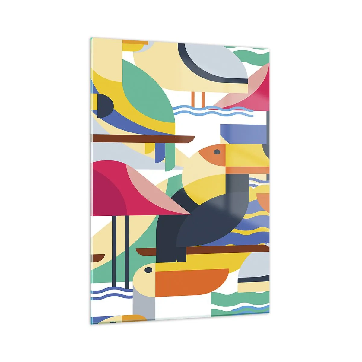 Obraz na szkle - Abstrakcyjna ilustracja kolorowych ptaków w geometrycznym stylu - 50x70cm - Ptasie party - Nowoczesna dekoracja ścienna do salonu, kuchni i sypialni ARTTOR