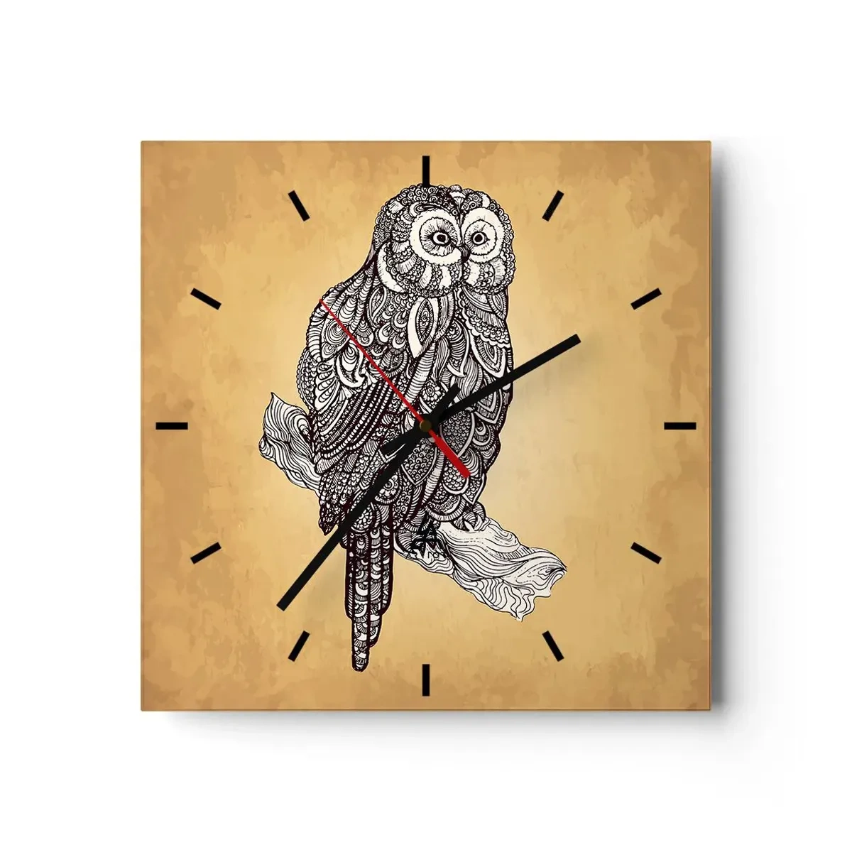 Zegar ścienny - Sowa w ornamentalnym stylu na tle w odcieniach beżu - 30x30cm - Misterne ornamenty mądrości - Nowoczesna dekoracja ścienna do salonu i sypialni ARTTOR