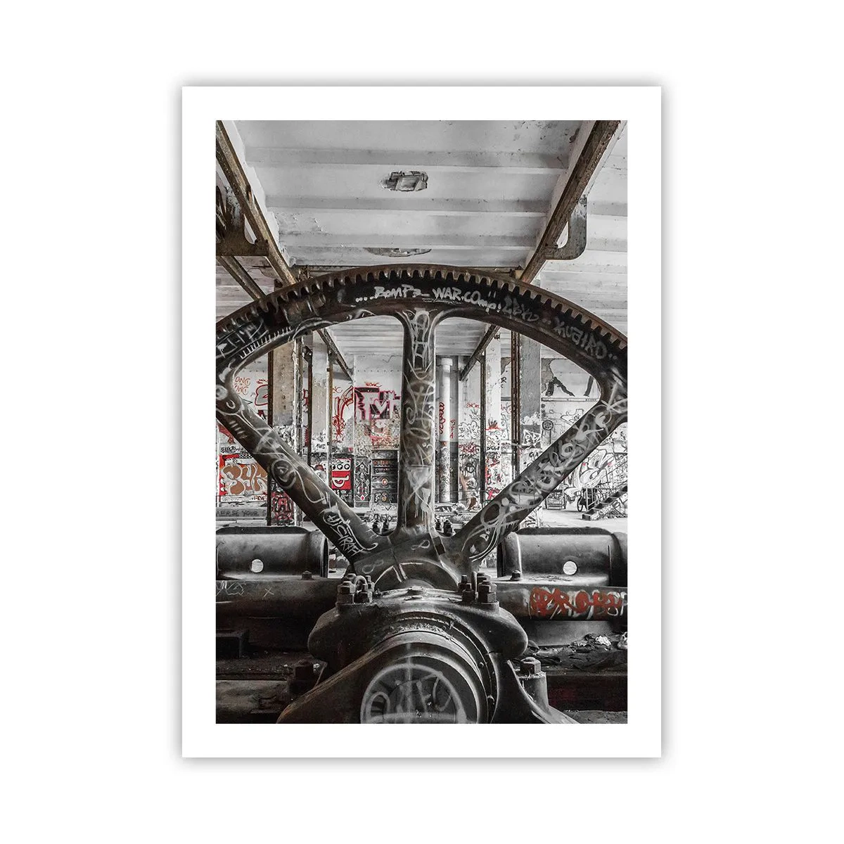 Plakat - Industrialna maszyna z graffiti w opuszczonej fabryce - 50x70cm - Sekretne życie fabryki - Nowoczesna dekoracja ścienna do salonu, kuchni i sypialni ARTTOR