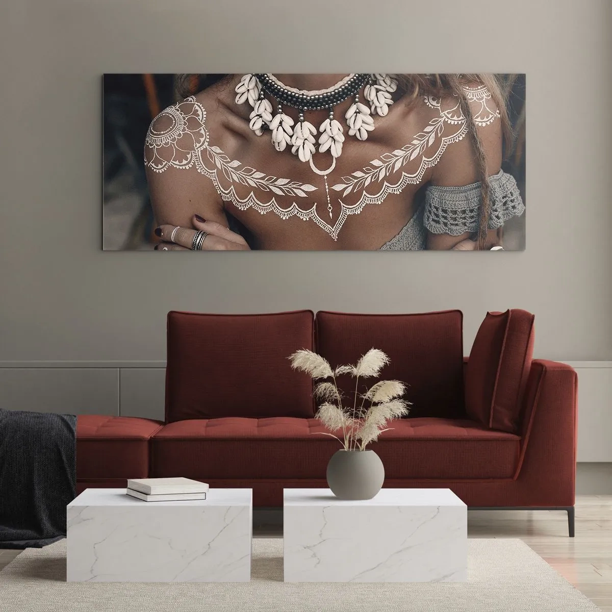 Obraz na szkle - Styl boho z biżuterią z muszli i koronkowym wzorem - 120x50cm - Talizmany, rytuały kobiecości - Nowoczesna dekoracja ścienna do salonu i sypialni ARTTOR