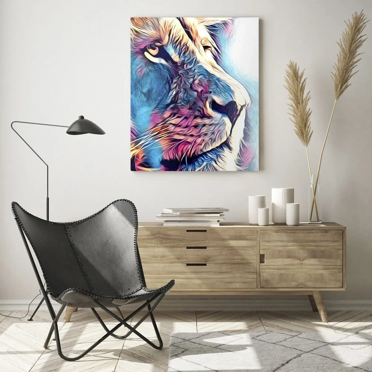Obraz na szkle - Kolorowa grafika lwa w nowoczesnym, artystycznym stylu - 50x70cm - Mądrość natury - Nowoczesna dekoracja ścienna do salonu, kuchni i sypialni ARTTOR