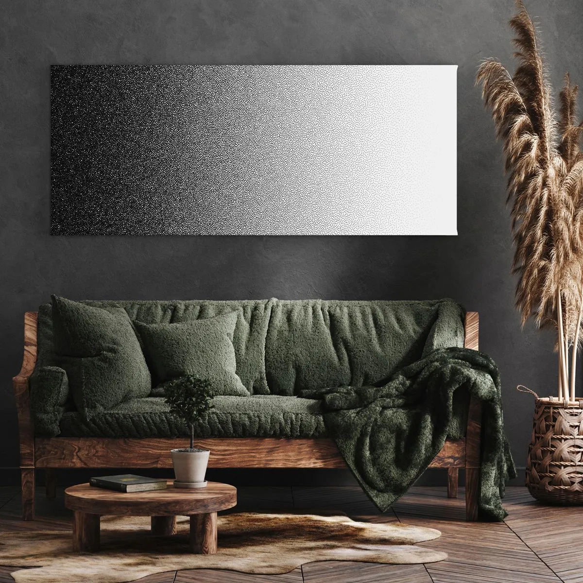 Obraz na płótnie - Minimalistyczny gradient czerni i bieli w punkcie - 120x50cm - W stronę światła - Nowoczesna dekoracja ścienna do salonu i sypialni ARTTOR