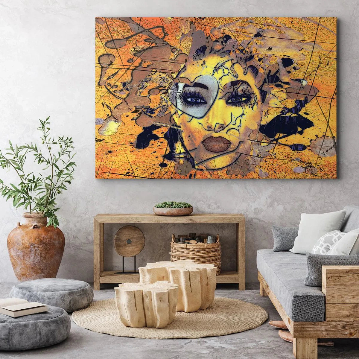 Obraz na płótnie - Abstrakcyjny portret kobiety w złoto-żółtych tonacjach - 70x50cm - Słoneczna piękność - Nowoczesna dekoracja ścienna do salonu i sypialni ARTTOR