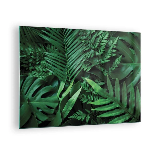 Obraz na szkle - Gęste zielone liście tropikalnych roślin w kompozycji - 70x50cm - Utulone w zieleni - Nowoczesna dekoracja ścienna do salonu i sypialni ARTTOR