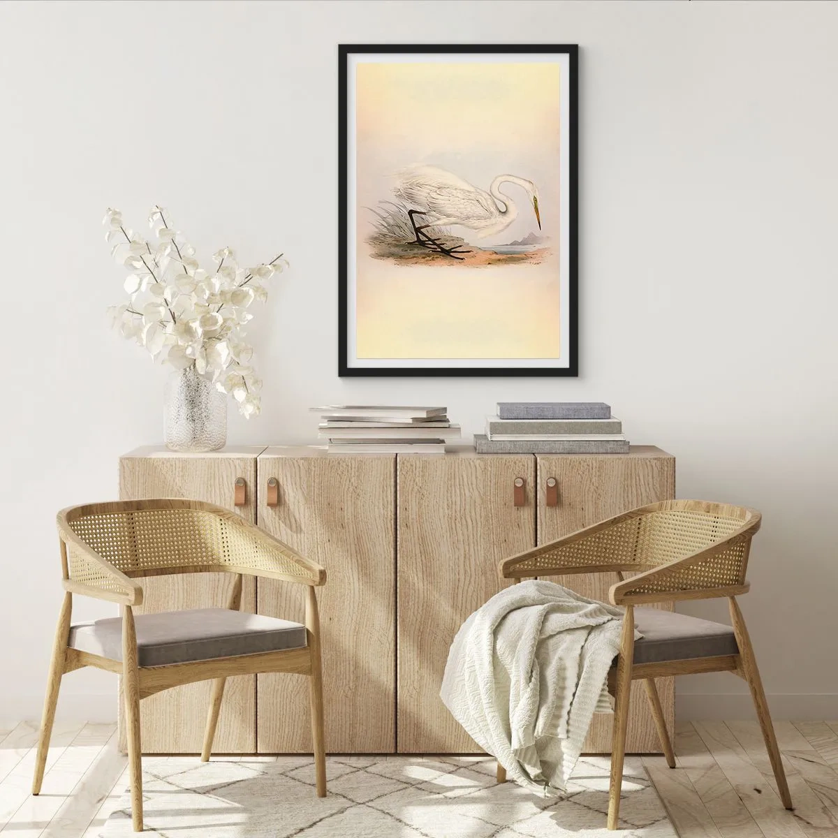 Plakat w czarnej ramie - Ilustracja czapli na tle pastelowego krajobrazu - 50x70cm - Pani na szuwarach - Nowoczesna dekoracja ścienna do salonu i sypialni ARTTOR