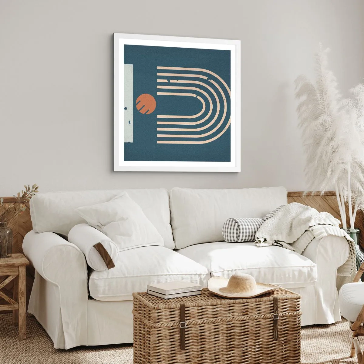 Plakat w białej ramie - Geometria na granacie - 60x60 cm
