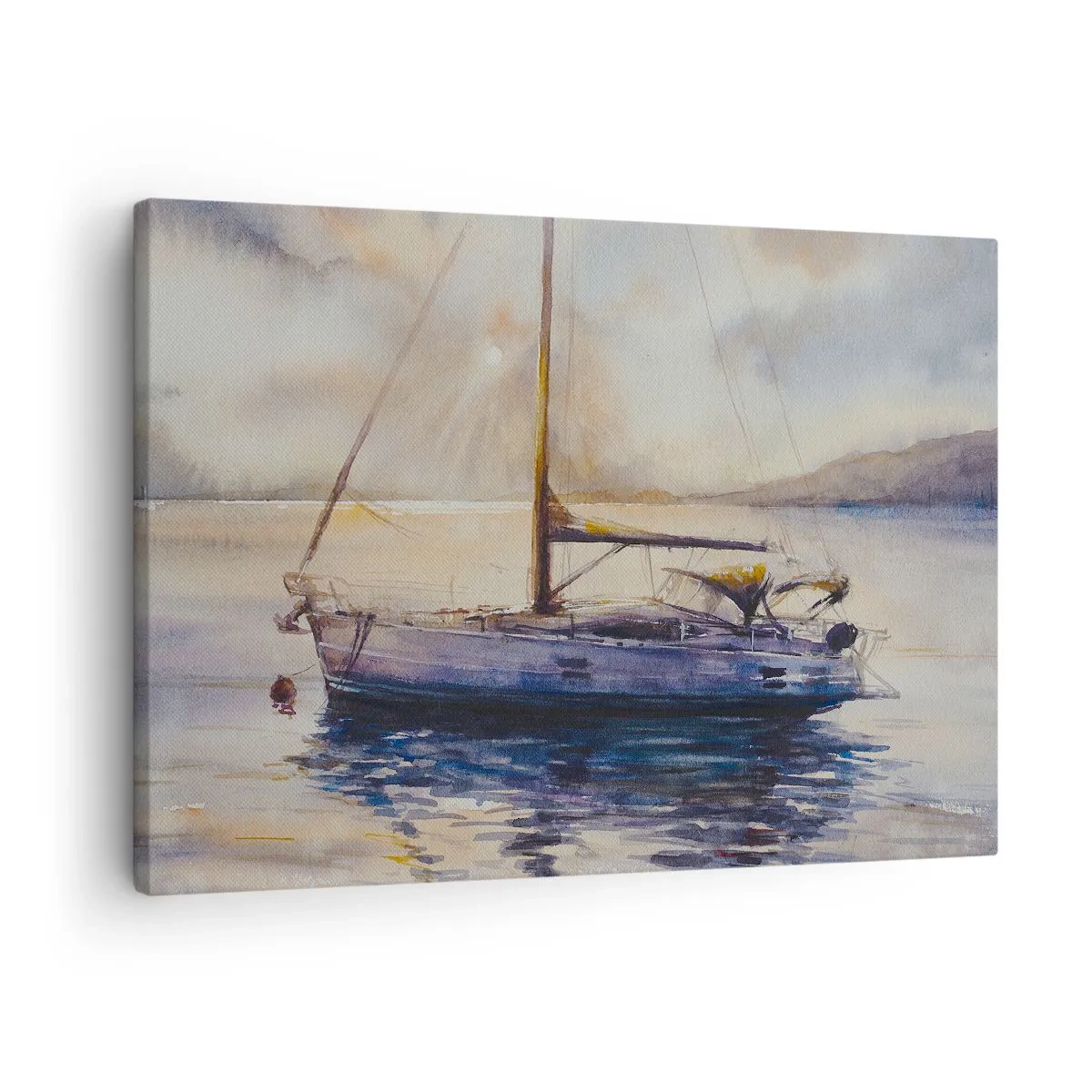 Obraz na płótnie - Jacht na spokojnym morzu o zachodzie słońca - 70x50cm - Wieczór w zatoce - Nowoczesna dekoracja ścienna do salonu i sypialni ARTTOR