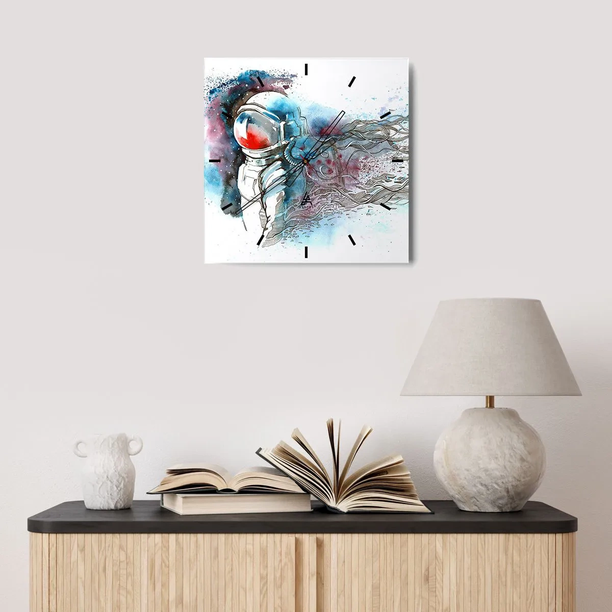 Zegar ścienny - Kosmonauta w dynamicznej akwareli z kosmicznymi detalami - 30x30cm - Sam na sam z kosmosem - Nowoczesna dekoracja ścienna do salonu i sypialni ARTTOR