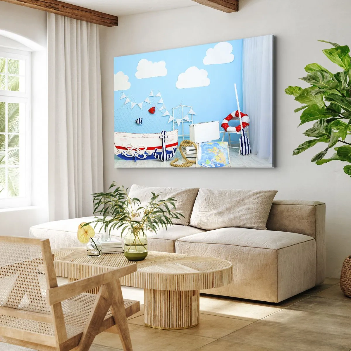 Obraz na płótnie - Marynistyczna dekoracja z łódką i akcesoriami na niebieskim tle - 70x50cm - Dziecięca tęsknota do przygody - Nowoczesna dekoracja ścienna do salonu i sypialni ARTTOR