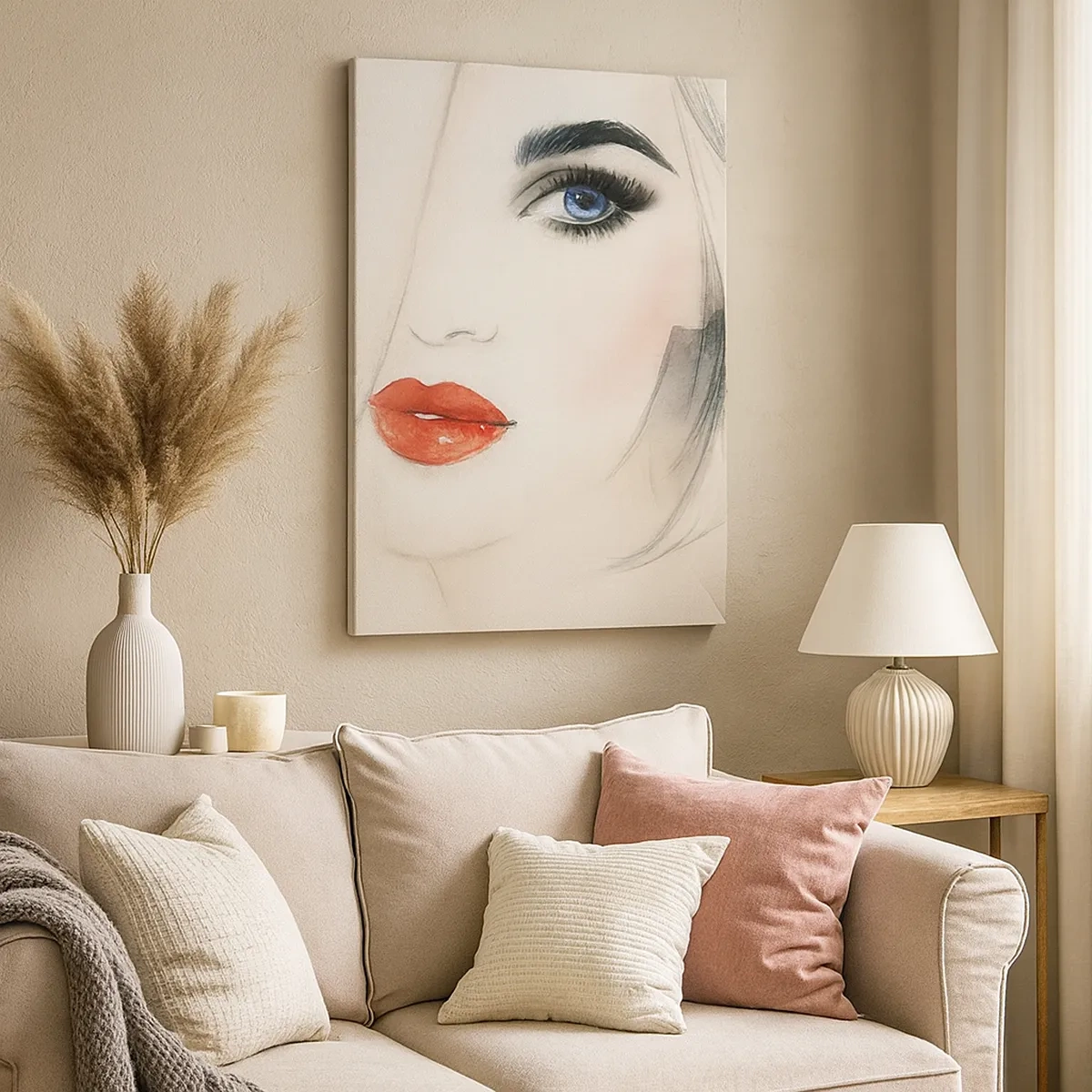 Obraz na płótnie - Minimalistyczny portret kobiety z niebieskim okiem i czerwonymi ustami - 50x70cm - Hipnotyzuje i odurza - Nowoczesna dekoracja ścienna do salonu, kuchni i sypialni ARTTOR