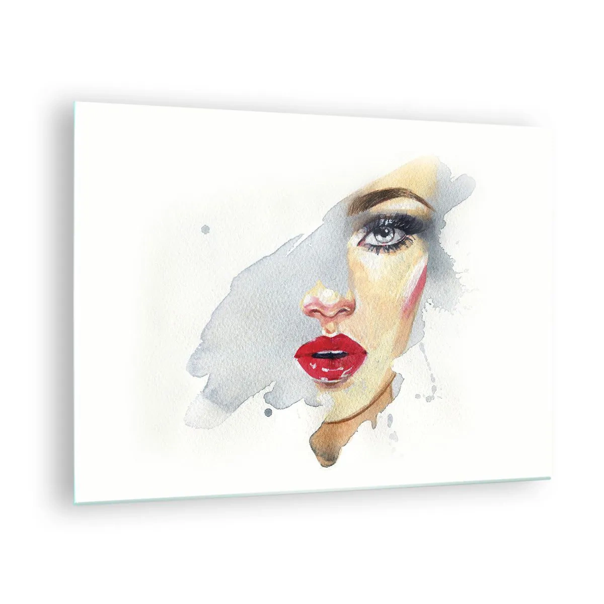 Obraz na szkle - Portret kobiety w akwareli z czerwonymi ustami - 70x50cm - Odbicie w kropli wody - Nowoczesna dekoracja ścienna do salonu i sypialni ARTTOR