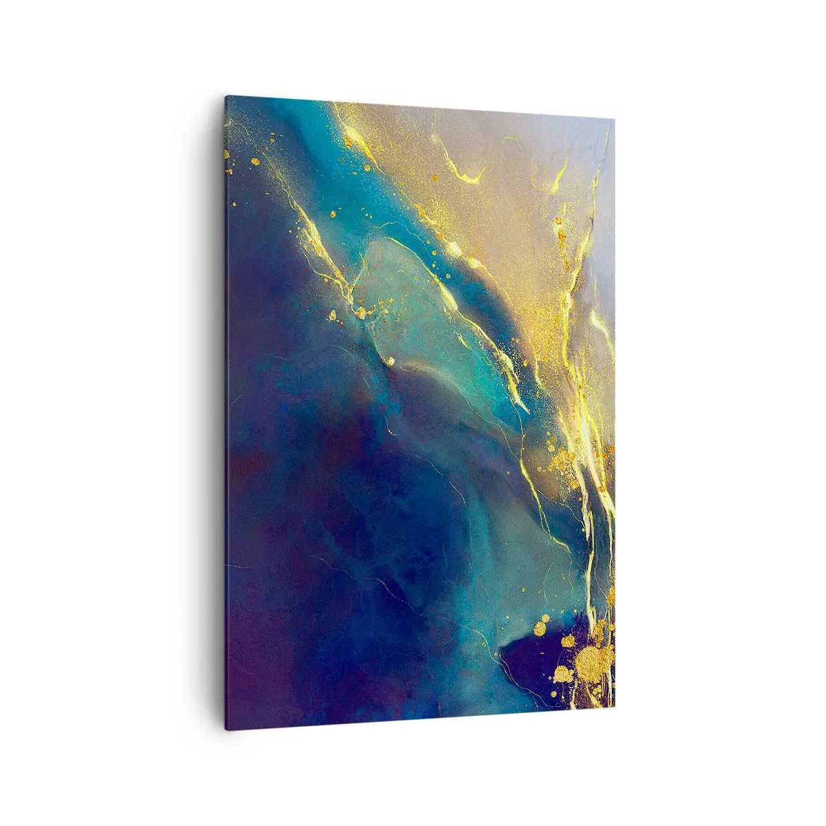 Obraz na płótnie - Abstrakcyjna kompozycja w odcieniach niebieskiego i złotego na płótnie - 70x100cm - Złote rozlewisko - Nowoczesna dekoracja ścienna do salonu i sypialni ARTTOR