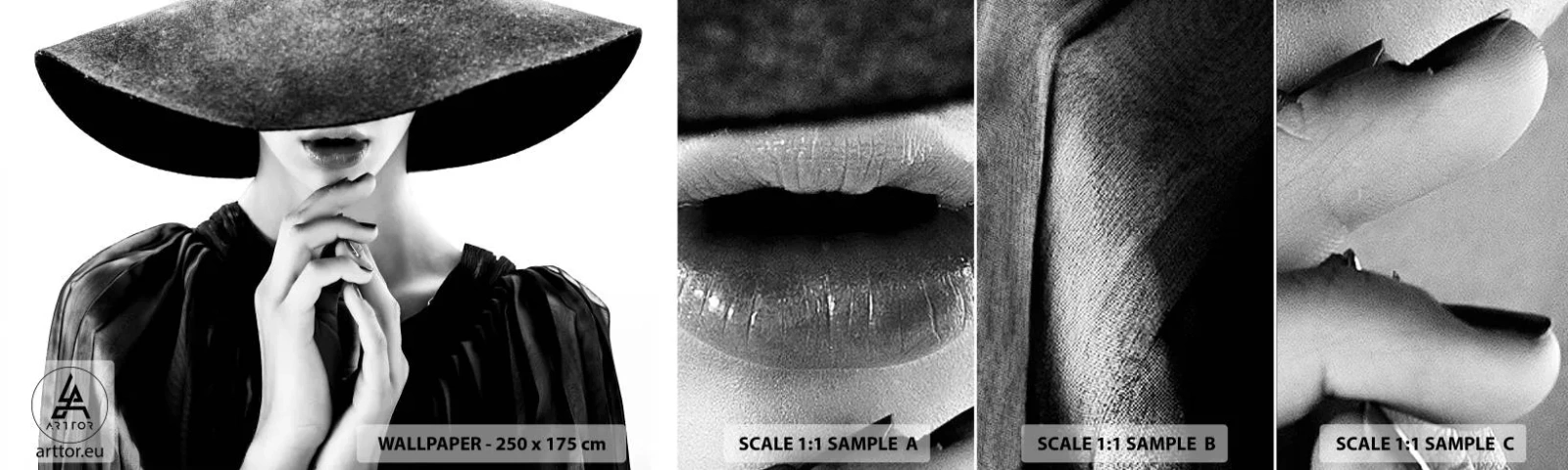 Fototapeta Próbka Samoprzylepna Deluxe Sticker - Skryte piękno - Kobieta W Kapeluszu, Kobiece Dłonie, Moda - 100x30 cm