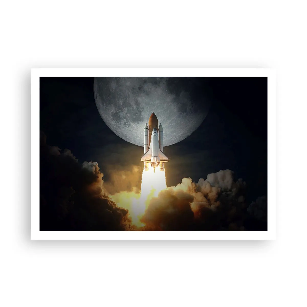 Plakat - Rakieta startująca na tle pełni księżyca w otoczeniu dynamicznych chmur - 100x70cm - Początek nieziemskiej przygody - Nowoczesna dekoracja ścienna do salonu i sypialni ARTTOR