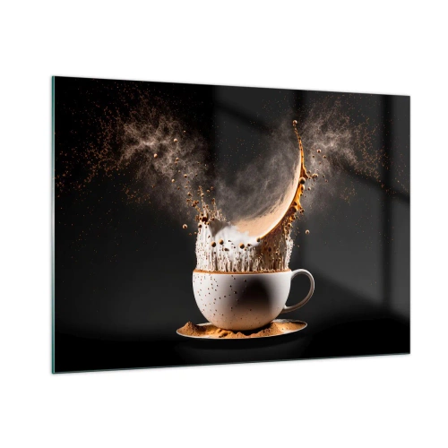 Obraz na szkle - Rozpryskująca się kawa z mlekiem w dynamicznym ujęciu - 100x70cm - Eksplozja smaku - Nowoczesna dekoracja ścienna do salonu, kuchni i sypialni ARTTOR