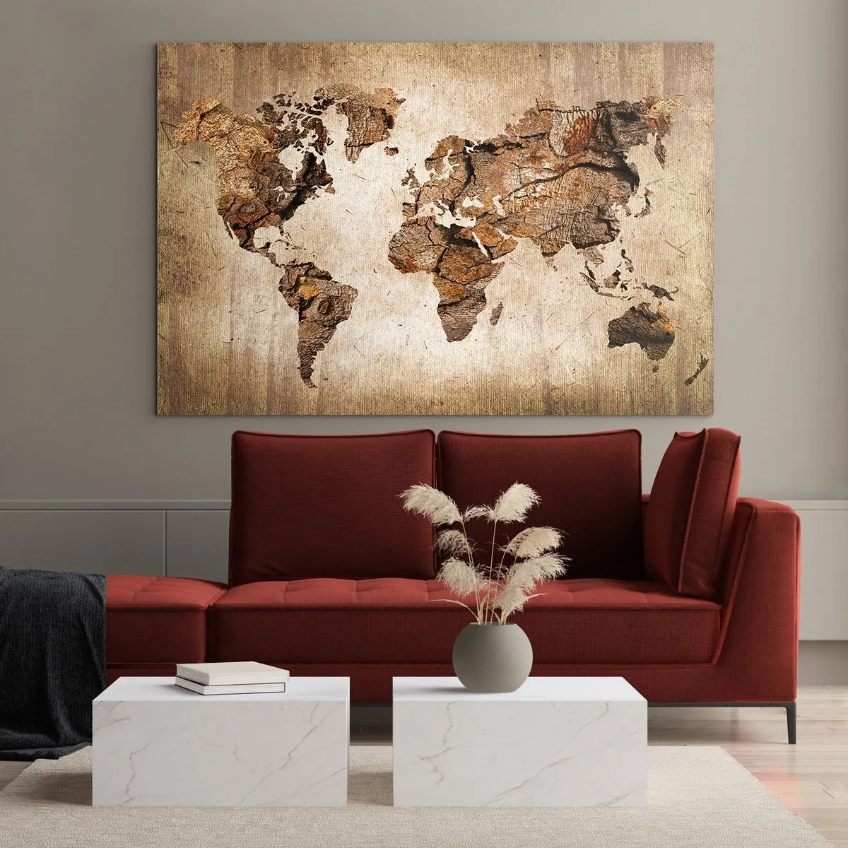 Obraz na szkle - Mapa świata w brązowych odcieniach imitująca drewno - 70x50cm - Odkrycie świata - Nowoczesna dekoracja ścienna do salonu i sypialni ARTTOR