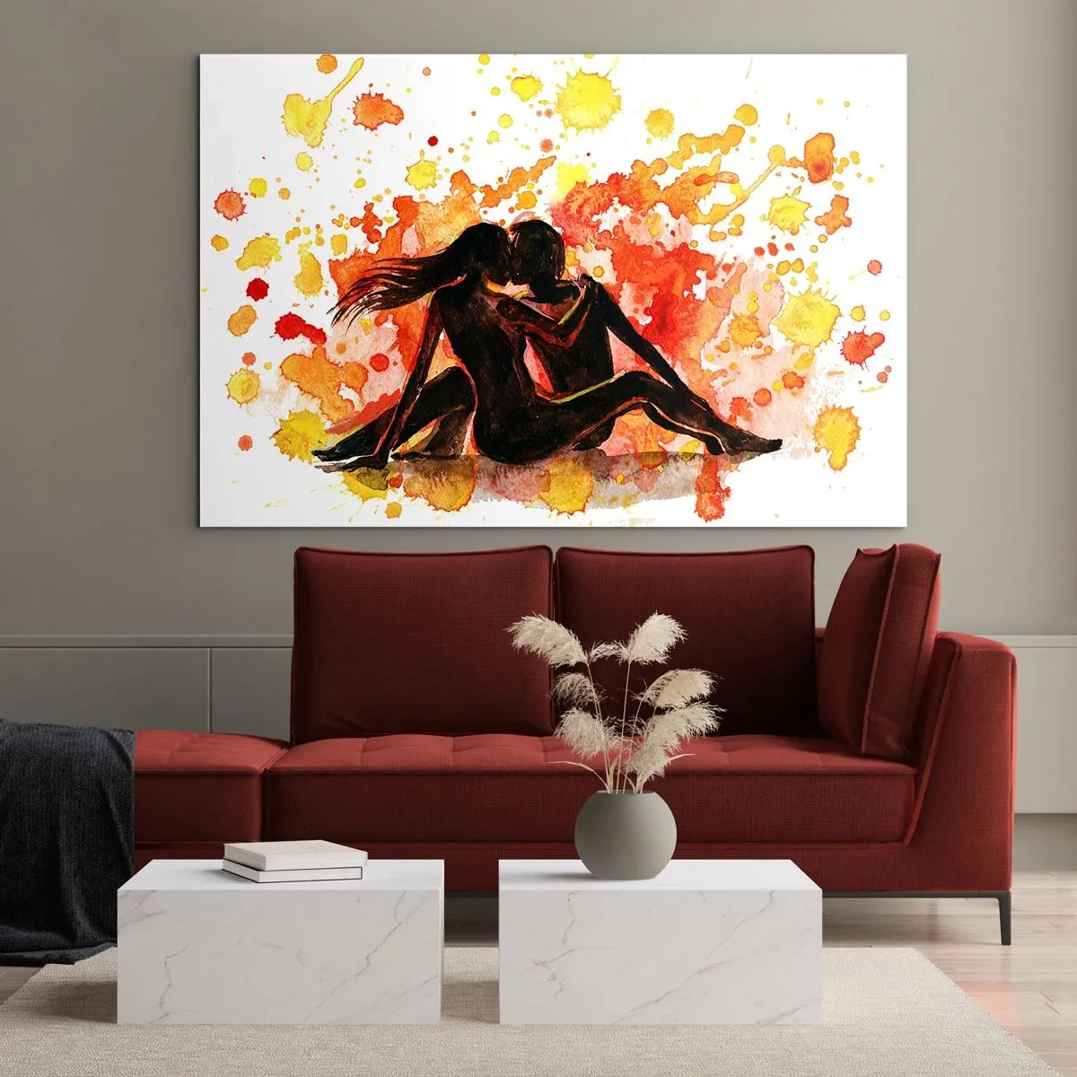 Obraz na szkle - Silhouette pary na tle kolorowych akwarelowych plam - 100x70cm - I stała się światłość - Nowoczesna dekoracja ścienna do salonu, kuchni i sypialni ARTTOR