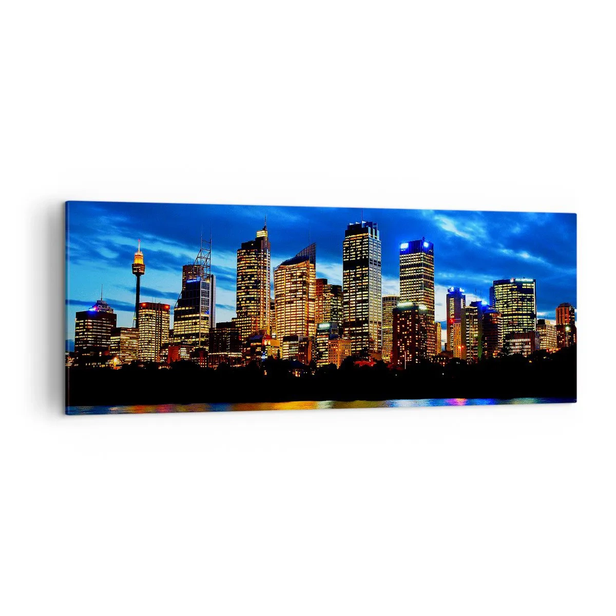 Obraz na płótnie - Panorama nocnego miasta z podświetlonymi wieżowcami nad wodą - 140x50cm - Noc świateł i barw - Nowoczesna dekoracja ścienna do salonu i sypialni ARTTOR