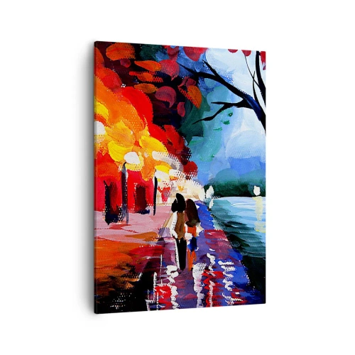 Obraz na płótnie - Romantyczny spacer w parku - 50x70cm - Płomienna jesień w parku - Nowoczesna dekoracja ścienna do salonu, kuchni i sypialni ARTTOR