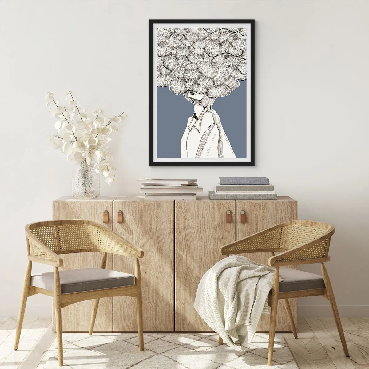 Plakat w czarnej ramie - Postać z chmurą zamiast głowy, stylizowana w odcieniach szarości - 50x70cm - Z głową w chmurach - Nowoczesna dekoracja ścienna do salonu i sypialni ARTTOR