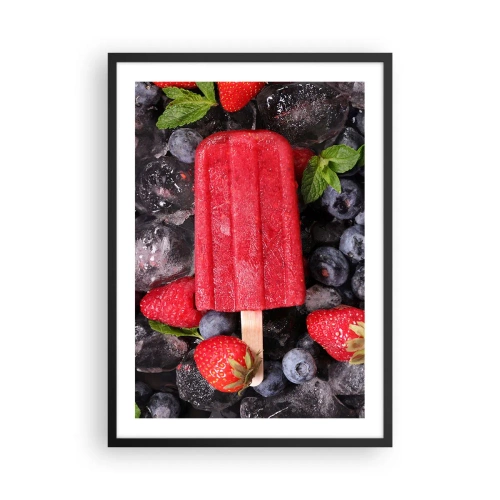 Plakat w czarnej ramie - Czerwony lodowy sorbet na patyku otoczony truskawkami i jagodami - 50x70cm - Smak gorącego lata - Nowoczesna dekoracja ścienna do salonu i sypialni ARTTOR