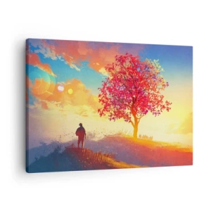 Obraz na płótnie - Postać na wzgórzu obok kolorowego drzewa w świetle zachodzącego słońca - 70x50cm - Pielgrzym u celu - Nowoczesna dekoracja ścienna do salonu i sypialni ARTTOR