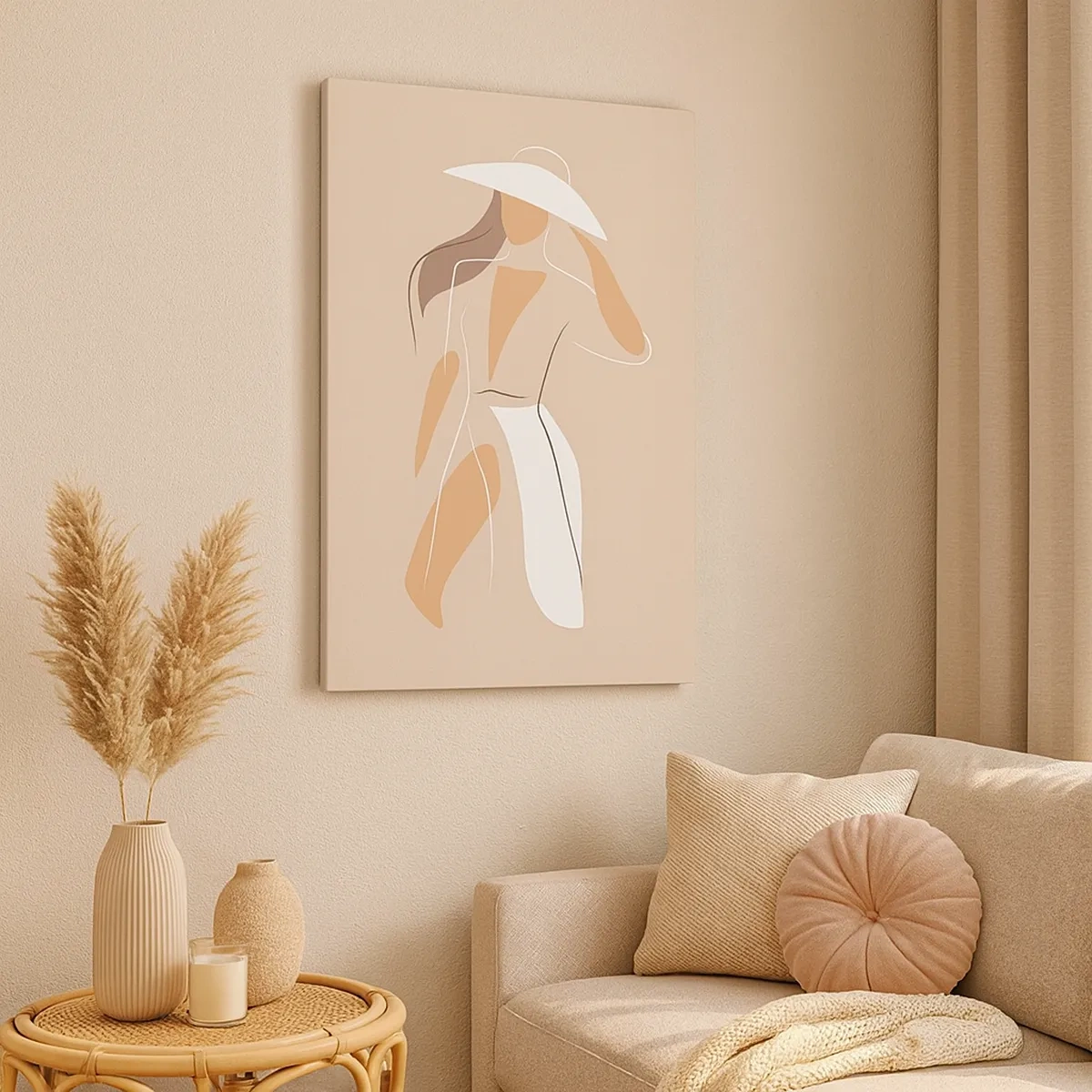Obraz na płótnie - Minimalistyczna sylwetka kobiety w białym kapeluszu na beżowym tle - 50x70cm - Moda to zabawa - Nowoczesna dekoracja ścienna do salonu, kuchni i sypialni ARTTOR