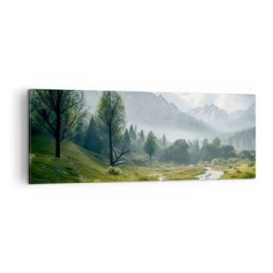 Obraz na płótnie - Górski krajobraz z rzeką i drzewami w otoczeniu mglistych gór - 140x50cm - Tam i z powrotem - Nowoczesna dekoracja ścienna do salonu i sypialni ARTTOR