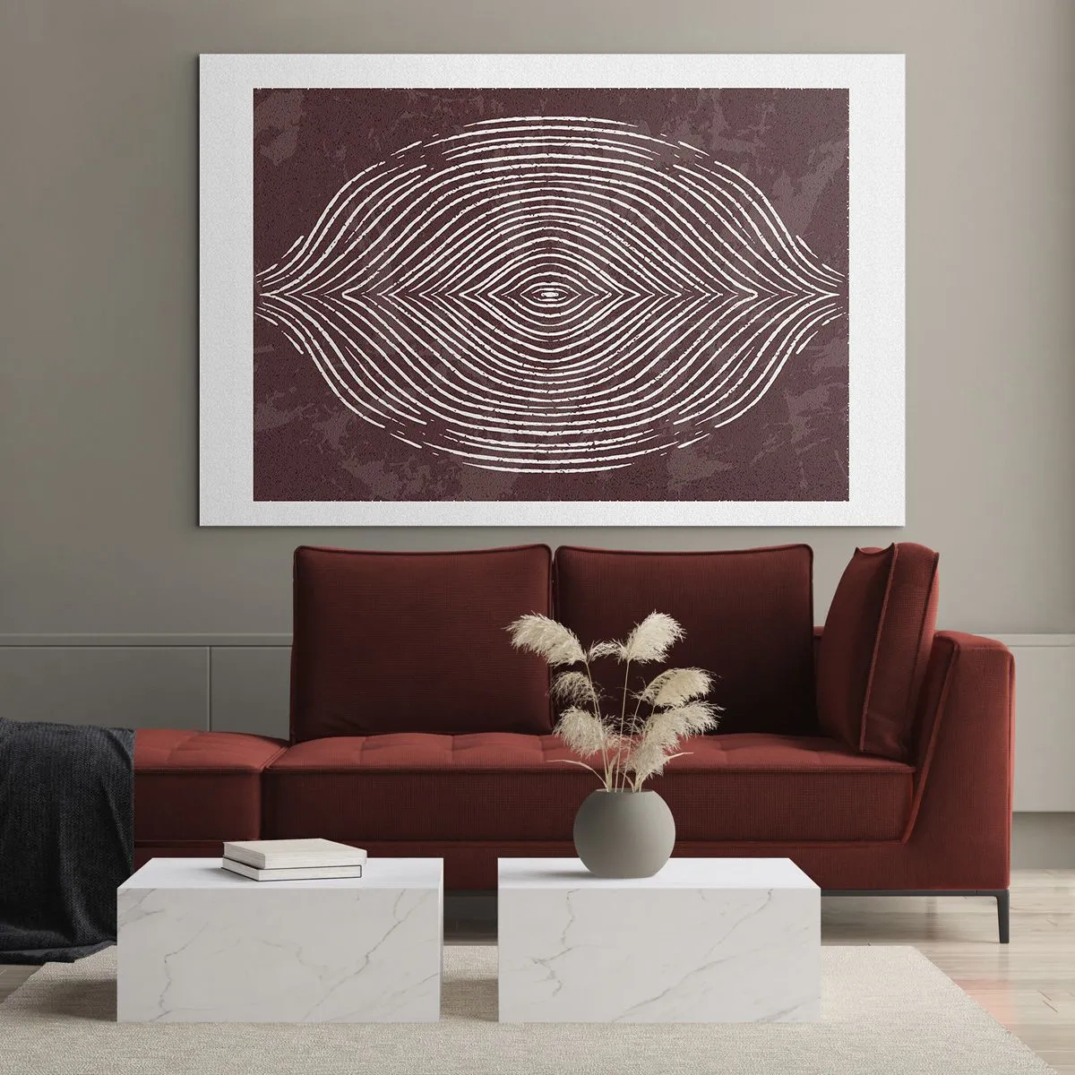Obraz na szkle - Symetryczne linie w formie oka na bordowym tle - 70x50cm - Przestrzeń mówi - Nowoczesna dekoracja ścienna do salonu i sypialni ARTTOR