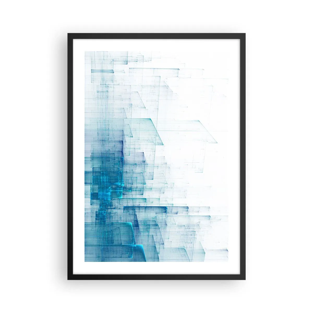Plakat w czarnej ramie - Abstrakcyjna kompozycja geometryczna w odcieniach błękitu i bieli - 50x70cm - Jak stała się przestrzeń - Nowoczesna dekoracja ścienna do salonu i sypialni ARTTOR