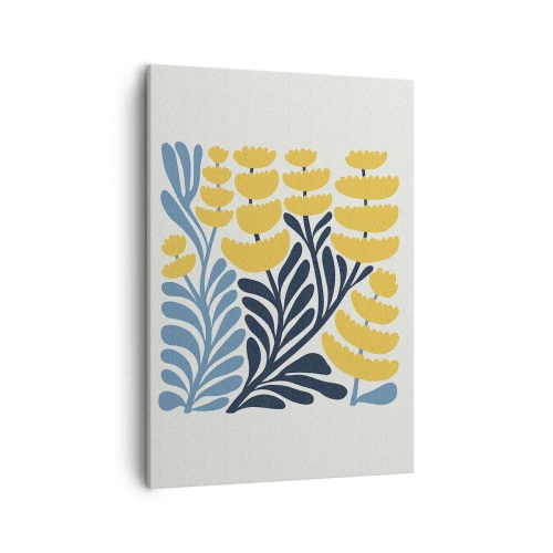 Obraz na płótnie - Minimalistyczne żółte kwiaty i niebieskie liście w skandynawskim stylu - 50x70cm - Słoneczna rabata - Nowoczesna dekoracja ścienna do salonu, kuchni i sypialni ARTTOR