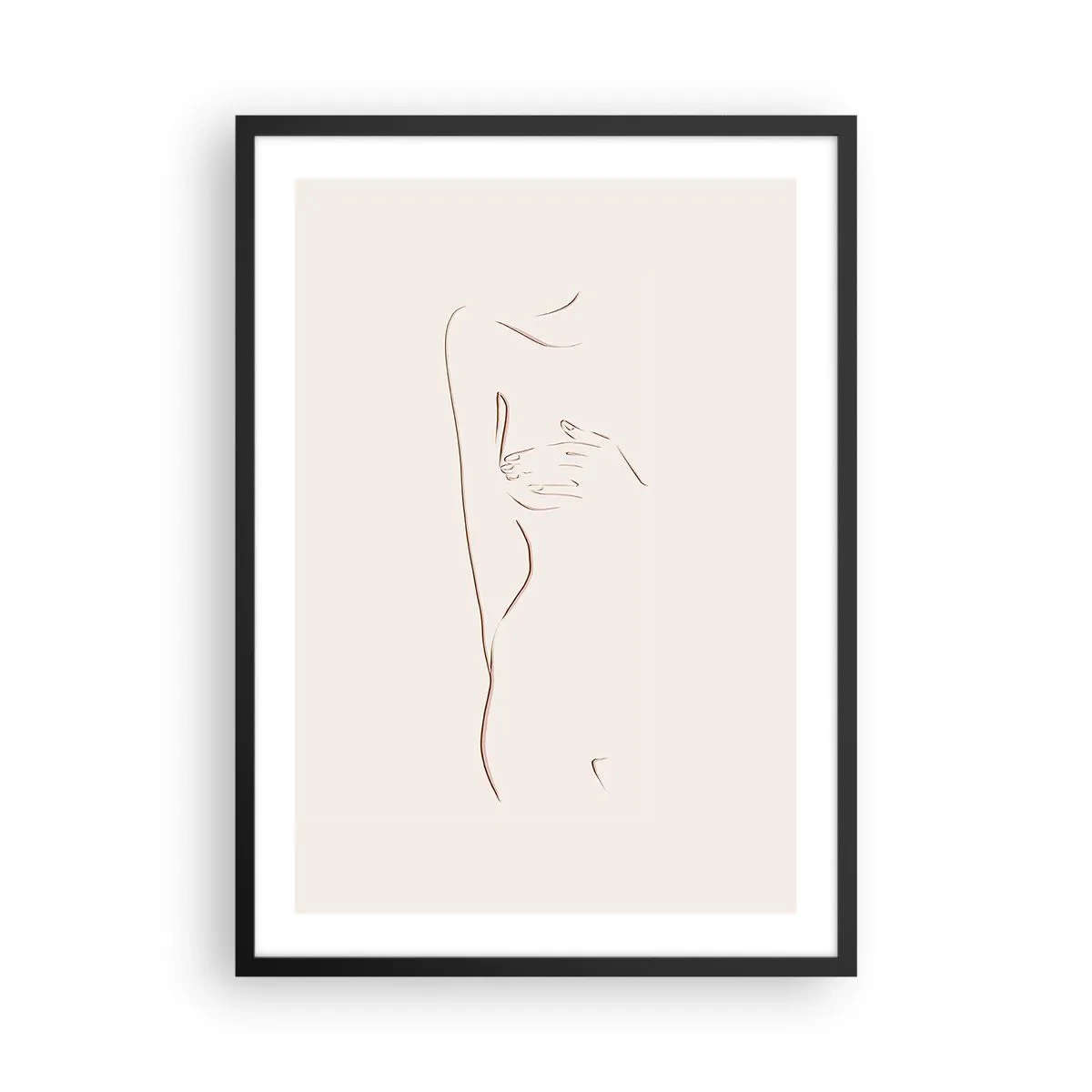 Plakat w czarnej ramie - Minimalistyczny rysunek kobiecej sylwetki w stylu line art na jasnym tle - 50x70cm - Kształt pragnienia - Nowoczesna dekoracja ścienna do salonu i sypialni ARTTOR